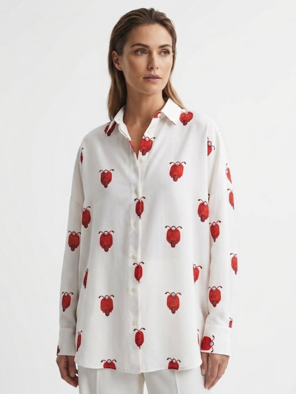 VILA GALLO IVORY WHITE RED NOVELTY PRINT BUTTON DOWN SHIRT -  L